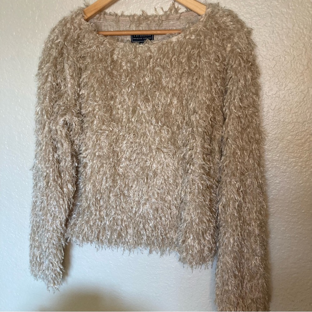 G by Giuliana Indie Bohemian Sweater Textured Feathered Beige Festival Size XS.